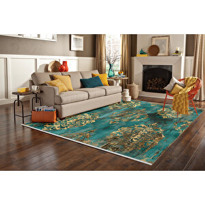 Turkuaz Ve Altın Renkli Damask Desenli Halı – Klasik Ve Gösterişli Tasarım – Makinede Yıkanabilir, Pamuk Dokuma Taban 180x200 cm