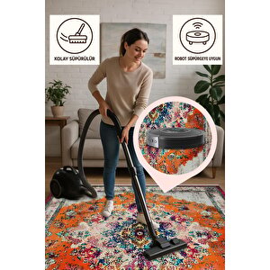 Turuncu Patchwork Halı – Renk Patlaması Ve Canlı Desenlerle Dinamik Görünüm – Makinede Yıkanabilir, Tüy Tutmaz, Pamuk Dokuma Tabanlı