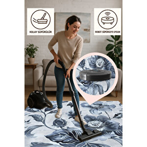 Gri Ve Lacivert Çiçekli Halı – Büyük Floral Desen – Makinede Yıkanabilir, Tüy Tutmaz, Pamuk Dokuma Tabanlı