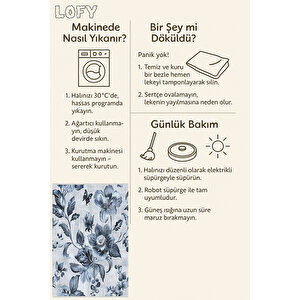 Gri Ve Lacivert Çiçekli Halı – Büyük Floral Desen – Makinede Yıkanabilir, Tüy Tutmaz, Pamuk Dokuma Tabanlı