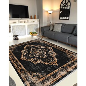 Siyah Ve Bakır Eskitme Desenli Halı – Makinede Yıkanabilir, Toz Tutmaz, Pamuk Taban, Evcil Hayvan Dostu 120x180 cm