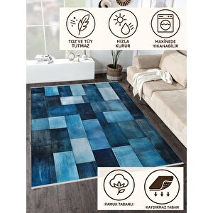 Mavi Patchwork Desenli Halı – Modern Ve Canlı Tonlar – Makinede Yıkanabilir, Tüy Tutmaz, Pamuk Dokuma Tabanlı