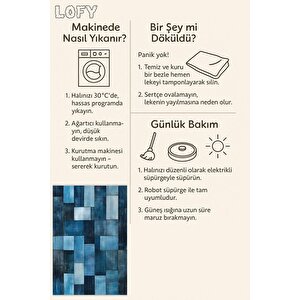 Mavi Patchwork Desenli Halı – Modern Ve Canlı Tonlar – Makinede Yıkanabilir, Tüy Tutmaz, Pamuk Dokuma Tabanlı