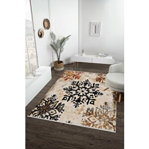 Yıkanabilir Pamuk Tabanlı Modern Halı – Geometrik Çiçek Deseni, Siyah Ve Kiremit Eskitme Tasarım 80x80 cm