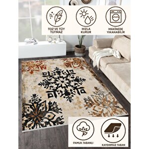 Yıkanabilir Pamuk Tabanlı Modern Halı – Geometrik Çiçek Deseni, Siyah Ve Kiremit Eskitme Tasarım 80x80 cm