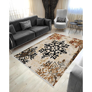 Yıkanabilir Pamuk Tabanlı Modern Halı – Geometrik Çiçek Deseni, Siyah Ve Kiremit Eskitme Tasarım 150x300 cm