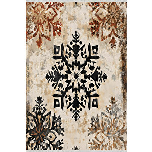 Yıkanabilir Pamuk Tabanlı Modern Halı – Geometrik Çiçek Deseni, Siyah Ve Kiremit Eskitme Tasarım