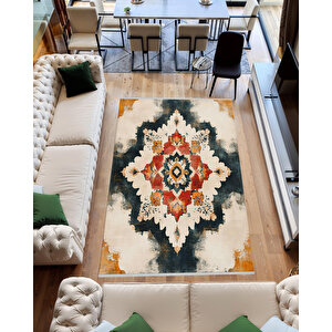 Kiremit Ve Lacivert Medallion Halı – Zamansız Renk Uyumu Ve Eskitilmiş Dokular – Makinede Yıkanabilir, Tüy Tutmaz, Pamuk Dokuma Tabanlı 160x350 cm