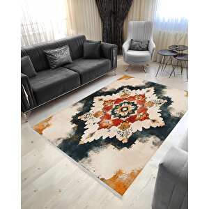 Kiremit Ve Lacivert Medallion Halı – Zamansız Renk Uyumu Ve Eskitilmiş Dokular – Makinede Yıkanabilir, Tüy Tutmaz, Pamuk Dokuma Tabanlı 160x350 cm