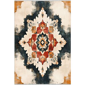 Kiremit Ve Lacivert Medallion Halı – Zamansız Renk Uyumu Ve Eskitilmiş Dokular – Makinede Yıkanabilir, Tüy Tutmaz, Pamuk Dokuma Tabanlı 160x350 cm