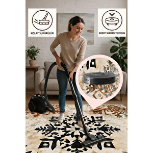 Yıkanabilir Pamuk Tabanlı Modern Halı – Geometrik Çiçek Deseni, Siyah Ve Kiremit Eskitme Tasarım