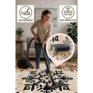 Yıkanabilir Pamuk Tabanlı Modern Halı – Geometrik Çiçek Deseni, Siyah Ve Kiremit Eskitme Tasarım