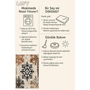 Yıkanabilir Pamuk Tabanlı Modern Halı – Geometrik Çiçek Deseni, Siyah Ve Kiremit Eskitme Tasarım