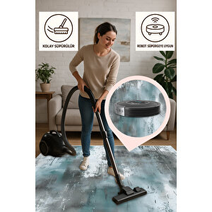Yeşil, Gri Ve Beyaz Renkli Soyut Halı – Soyut Soft Desenler – Makinede Yıkanabilir, Pamuk Taban, Toz Tutmaz, Robot Süpürge Uyumlu