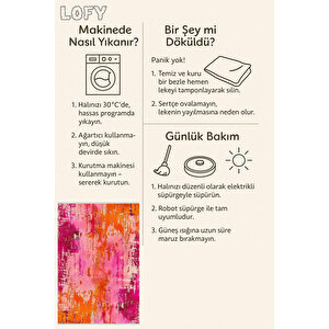 Soyut Eskitme Desenli Halı – Fuşya, Turuncu Ve Pembe Renk Geçişli  – Makinede Yıkanabilir, Pamuk Dokuma Taban, Kolay Temizlenir