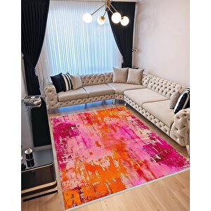 Soyut Eskitme Desenli Halı – Fuşya, Turuncu Ve Pembe Renk Geçişli  – Makinede Yıkanabilir, Pamuk Dokuma Taban, Kolay Temizlenir