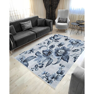 Gri Ve Lacivert Çiçekli Halı – Büyük Floral Desen – Makinede Yıkanabilir, Tüy Tutmaz, Pamuk Dokuma Tabanlı 160x180 cm