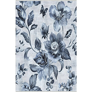 Gri Ve Lacivert Çiçekli Halı – Büyük Floral Desen – Makinede Yıkanabilir, Tüy Tutmaz, Pamuk Dokuma Tabanlı 160x180 cm