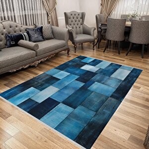 Mavi Patchwork Desenli Halı – Modern Ve Canlı Tonlar – Makinede Yıkanabilir, Tüy Tutmaz, Pamuk Dokuma Tabanlı