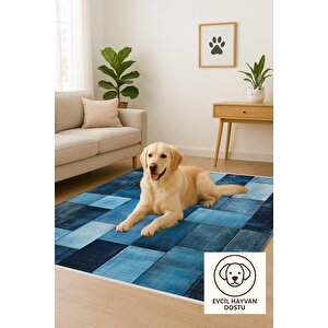 Mavi Patchwork Desenli Halı – Modern Ve Canlı Tonlar – Makinede Yıkanabilir, Tüy Tutmaz, Pamuk Dokuma Tabanlı