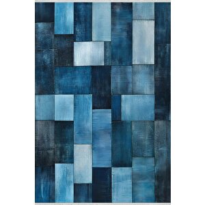 Mavi Patchwork Desenli Halı – Modern Ve Canlı Tonlar – Makinede Yıkanabilir, Tüy Tutmaz, Pamuk Dokuma Tabanlı