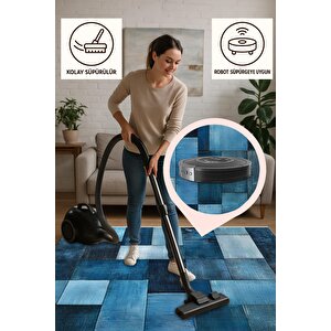 Mavi Patchwork Desenli Halı – Modern Ve Canlı Tonlar – Makinede Yıkanabilir, Tüy Tutmaz, Pamuk Dokuma Tabanlı