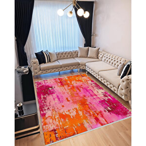 Soyut Eskitme Desenli Halı – Fuşya, Turuncu Ve Pembe Renk Geçişli  – Makinede Yıkanabilir, Pamuk Dokuma Taban, Kolay Temizlenir 180x270 cm