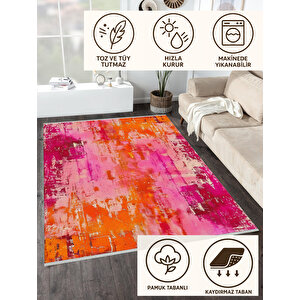 Soyut Eskitme Desenli Halı – Fuşya, Turuncu Ve Pembe Renk Geçişli  – Makinede Yıkanabilir, Pamuk Dokuma Taban, Kolay Temizlenir 180x270 cm