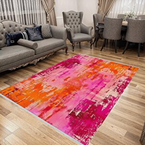 Soyut Eskitme Desenli Halı – Fuşya, Turuncu Ve Pembe Renk Geçişli  – Makinede Yıkanabilir, Pamuk Dokuma Taban, Kolay Temizlenir 180x270 cm