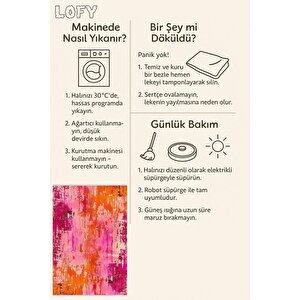 Soyut Eskitme Desenli Halı – Fuşya, Turuncu Ve Pembe Renk Geçişli  – Makinede Yıkanabilir, Pamuk Dokuma Taban, Kolay Temizlenir