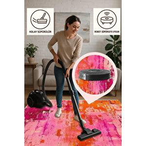 Soyut Eskitme Desenli Halı – Fuşya, Turuncu Ve Pembe Renk Geçişli  – Makinede Yıkanabilir, Pamuk Dokuma Taban, Kolay Temizlenir