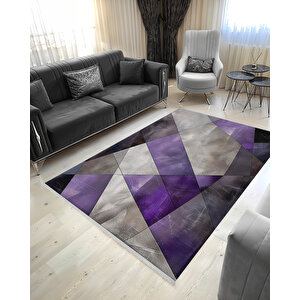 Mor Ve Gri Geometrik Üçgen Halı – Makinede Yıkanabilir, Tüy Tutmaz, Pamuk Dokuma Tabanlı 160x180 cm