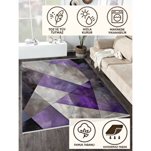 Mor Ve Gri Geometrik Üçgen Halı – Makinede Yıkanabilir, Tüy Tutmaz, Pamuk Dokuma Tabanlı
