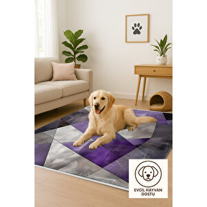 Mor Ve Gri Geometrik Üçgen Halı – Makinede Yıkanabilir, Tüy Tutmaz, Pamuk Dokuma Tabanlı