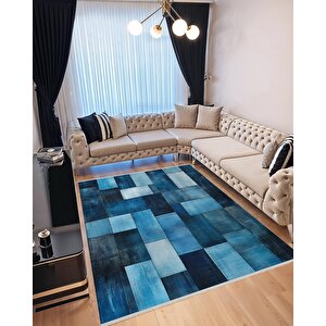 Mavi Patchwork Desenli Halı – Modern Ve Canlı Tonlar – Makinede Yıkanabilir, Tüy Tutmaz, Pamuk Dokuma Tabanlı 180x200 cm
