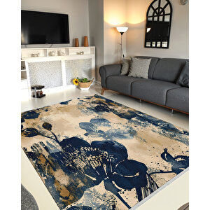 Lacivert Ve Bej Renkli Floral Desenli Halı – Sanatsal Fırça Darbeli Tasarım – Makinede Yıkanabilir, Pamuk Tabanlı, Toz Tutmaz 160x180 cm