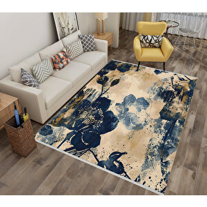 Lacivert Ve Bej Renkli Floral Desenli Halı – Sanatsal Fırça Darbeli Tasarım – Makinede Yıkanabilir, Pamuk Tabanlı, Toz Tutmaz 160x180 cm