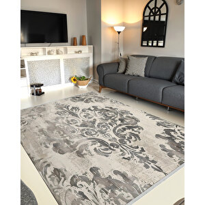 Gri Ve Krem Renklerde Damask Desenli Yıkanabilir Halı – Toz Tutmaz, Kolay Temizlenir, Şıklığıyla Dikkat Çeker 180x270 cm