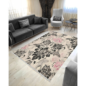 Siyah, Gri Ve Pembe Çiçek Desenli Halı – Krem Zeminli – Makinede Yıkanabilir, Tüy Tutmaz, Pamuk Dokuma Tabanlı 80x80 cm