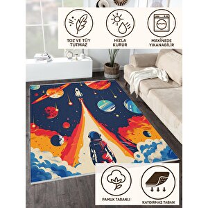Çocuklar İçin Astronot Ve Roket Temalı Halı – Renkli Ve Eğlenceli Uzay Tasarımı – Makinede Yıkanabilir, Kaymaz Taban, Evcil Hayvan Dostu 160x230 cm