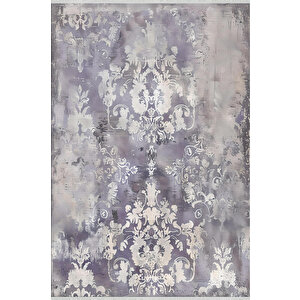 Vintage Damask Desenli Halı – Gri Ve Morun Yumuşak Tonlarıyla Eskitilmiş Etki – Makinede Yıkanabilir, Pamuk Dokuma Taban, Kolay Temizlenir