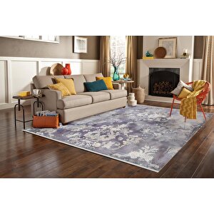 Vintage Damask Desenli Halı – Gri Ve Morun Yumuşak Tonlarıyla Eskitilmiş Etki – Makinede Yıkanabilir, Pamuk Dokuma Taban, Kolay Temizlenir