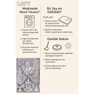 Vintage Damask Desenli Halı – Gri Ve Morun Yumuşak Tonlarıyla Eskitilmiş Etki – Makinede Yıkanabilir, Pamuk Dokuma Taban, Kolay Temizlenir