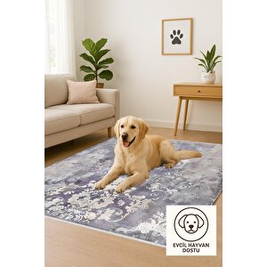 Vintage Damask Desenli Halı – Gri Ve Morun Yumuşak Tonlarıyla Eskitilmiş Etki – Makinede Yıkanabilir, Pamuk Dokuma Taban, Kolay Temizlenir