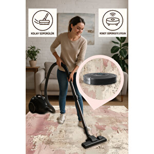 Soyut Desenli Bej Ve Pembe Halı – Yıkanabilir, Pamuk Tabanlı, Evcil Hayvan Dostu