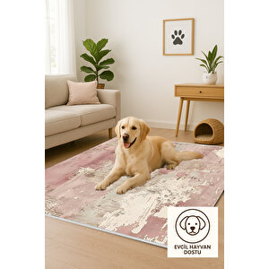 Soyut Desenli Bej Ve Pembe Halı – Yıkanabilir, Pamuk Tabanlı, Evcil Hayvan Dostu