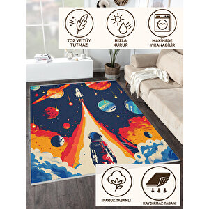 Çocuklar İçin Astronot Ve Roket Temalı Halı – Renkli Ve Eğlenceli Uzay Tasarımı – Makinede Yıkanabilir, Kaymaz Taban, Evcil Hayvan Dostu 160x180 cm