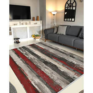 Kırmızı, Gri Ve Siyah Çizgili Halı – Eskitilmiş Modern Tasarım – Makinede Yıkanabilir, Tüy Tutmaz, Pamuk Dokuma Tabanlı