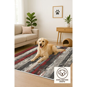 Kırmızı, Gri Ve Siyah Çizgili Halı – Eskitilmiş Modern Tasarım – Makinede Yıkanabilir, Tüy Tutmaz, Pamuk Dokuma Tabanlı