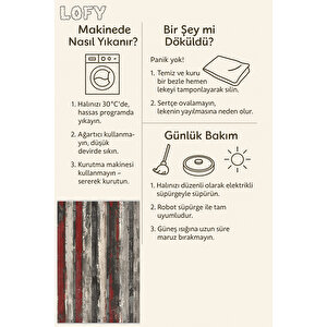 Kırmızı, Gri Ve Siyah Çizgili Halı – Eskitilmiş Modern Tasarım – Makinede Yıkanabilir, Tüy Tutmaz, Pamuk Dokuma Tabanlı